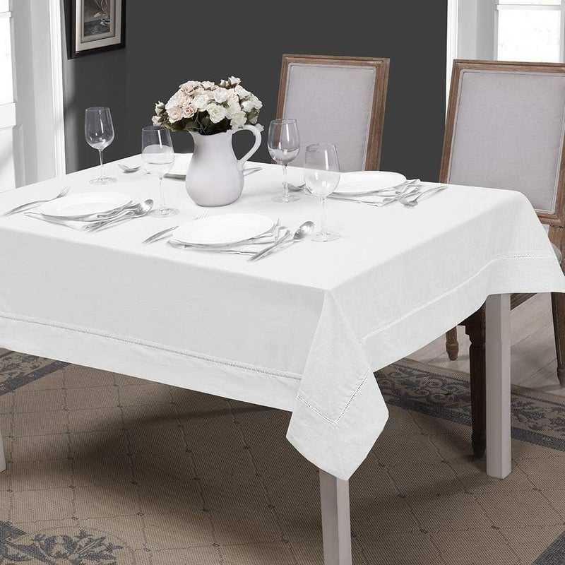 Simple&Opulence Premium 100% Linen Hemstitch Tablecloth-60 x 120 Inch White, Natural Fabric, Rectangular Tablecloth for Indoor and Outdoor Use - Image 5